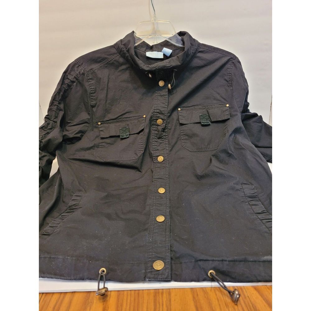 Liz & Me Utility Jacket Womens 1X 18/20 Black Excellent Ruched Drawstring Cotton